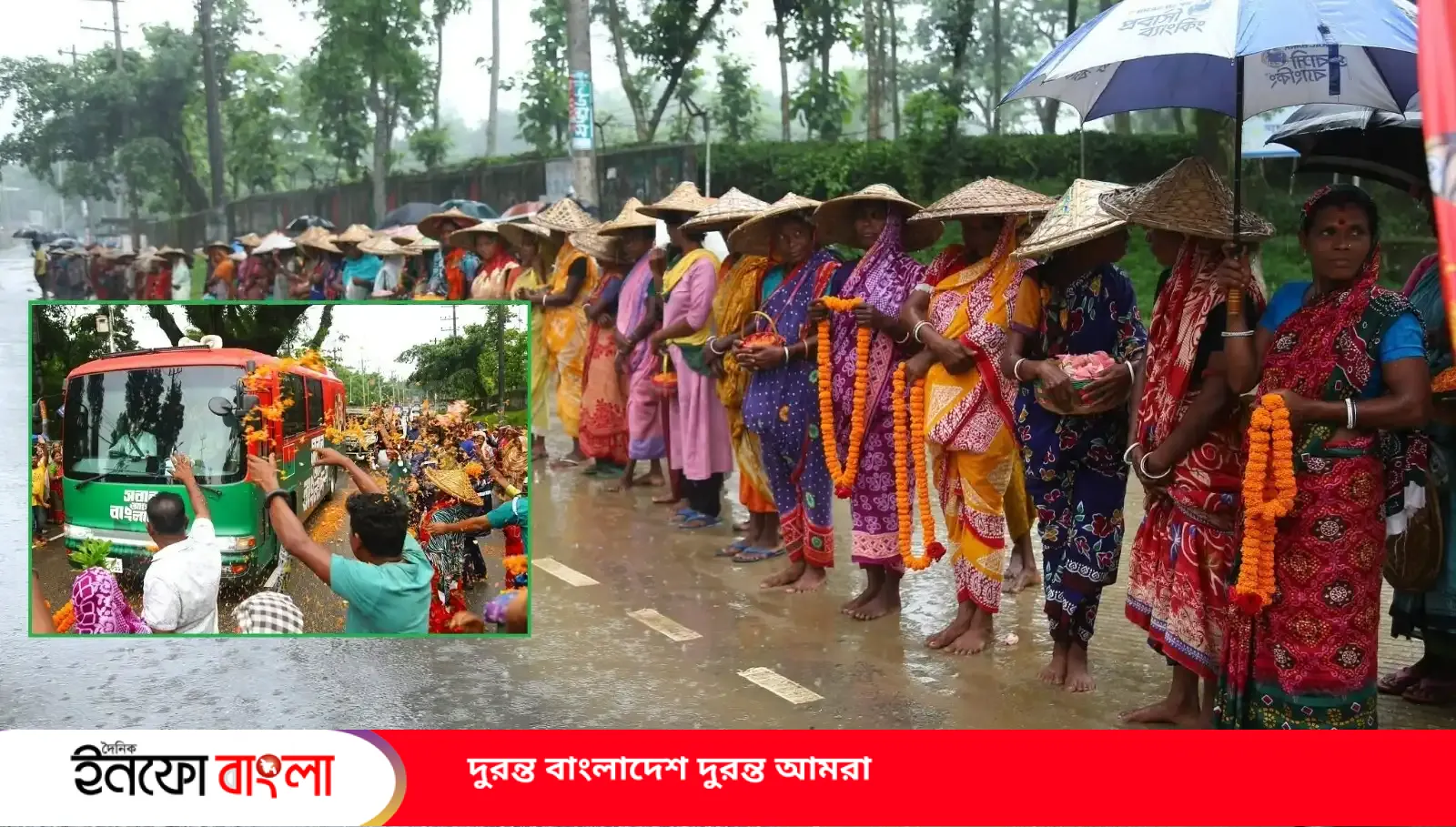 সিলেটে সড়কের পাশে দাঁড়িয়ে বৃষ্টিতে ভিজে 